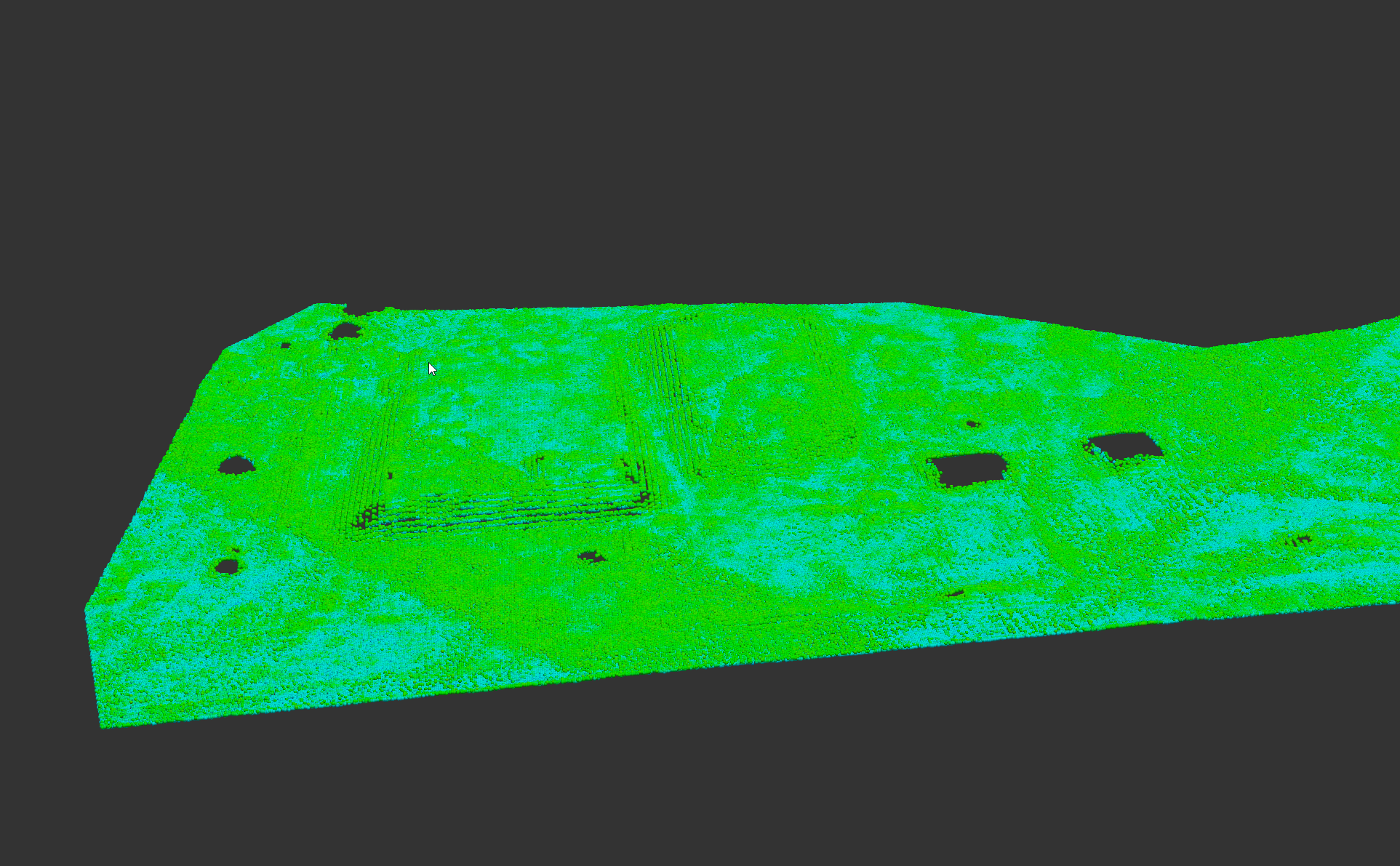 Retained terrain points after noise and vegetation removal, with gaps visible in the cloud.